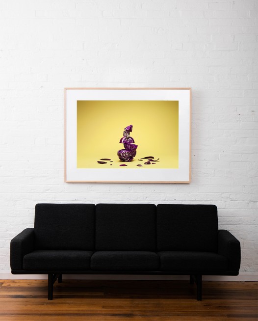 Still Life photo of purple cabbages with yellow background framed in raw timber on white wall above sofa