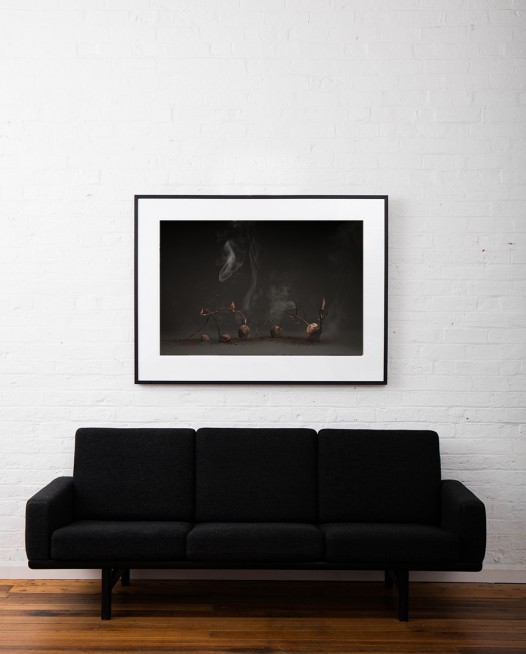 Large Still Life photo of food in brown background framed in black timber on white wall above sofa