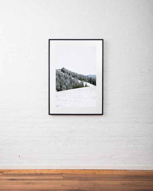 Large vertical photographic landscape print of snow, moutain and trees taken in North America framed in black timber on wall