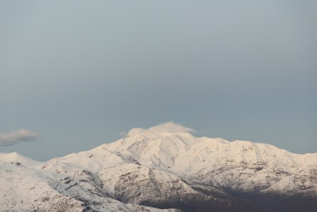 A photographic print taken in the Andes, Chile after a snowstorm. Colours in blue white and grey