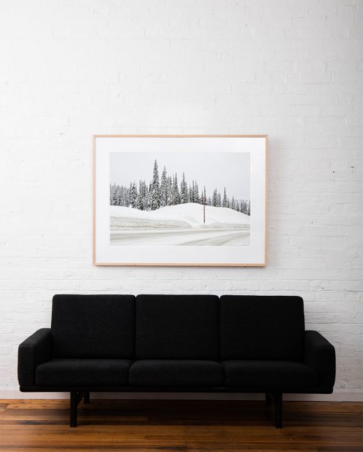 Large Photographic art print of a road with snow lined with trees taken in white Urban Landscape in Canada framed in raw timber on white wall above sofa