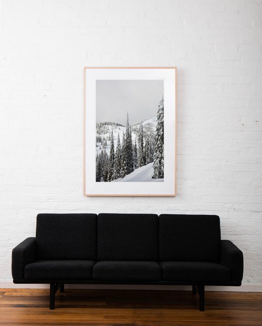 Large vertical photo of North American Landscape of snow, mountains,and trees in shade of green, black and white framed in raw timber on white wall above sofa