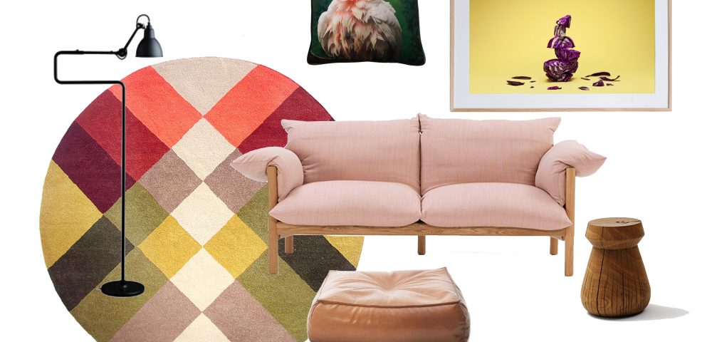 Moodboard featuring Pony Rider rug, Wilfred sofa, Stanley side table and Alby ottoman from Jardan and One Fine Print of cabbage - Graze IV by Mark Lobo