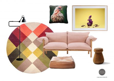 Moodboard featuring Pony Rider rug, Wilfred sofa, Stanley side table and Alby ottoman from Jardan and One Fine Print of cabbage - Graze IV by Mark Lobo