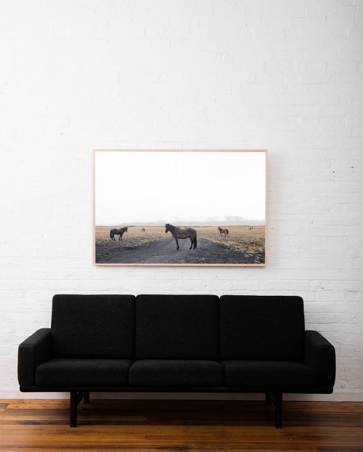 A large landscape photo with horses framed in raw timber above sofa